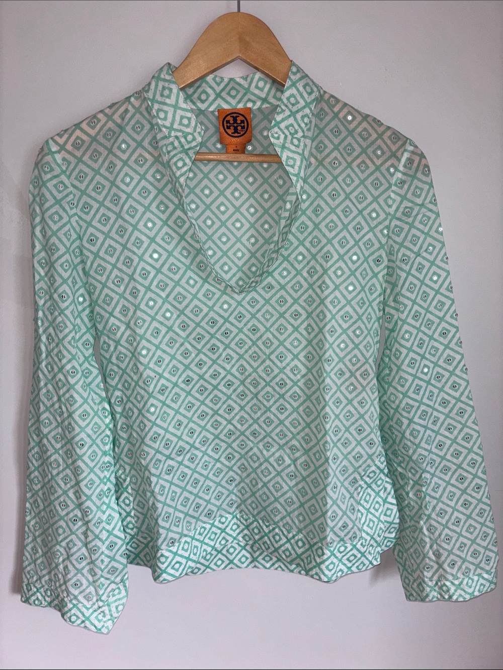Tory Burch Mint Sequinned Geometric V-Neck Cotton Blouse - Picture 3 of 12